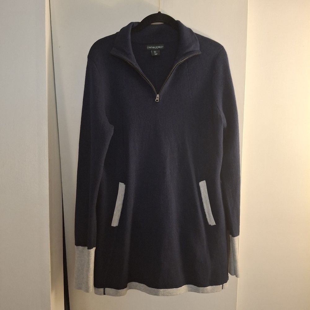 Cynthia Rowley Women's Dark Blue Quarter-Zip Tunic Sweater with Gray Accents